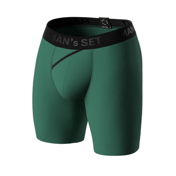 CoolCore micromodal forest green boxer briefs by Man’s SET, breathable men’s underwear with open fly, front view