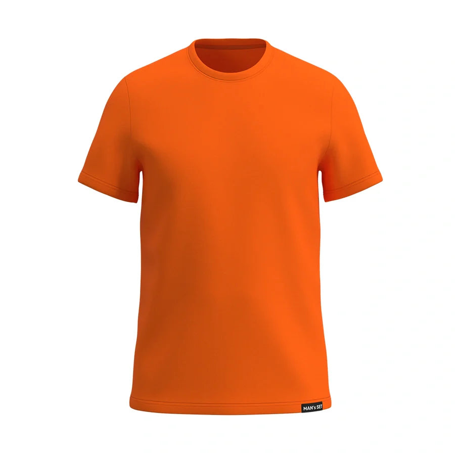 Man’s SET crew neck super-soft T-shirt in orange, breathable cotton material, relaxed fit men’s T-shirt, front view