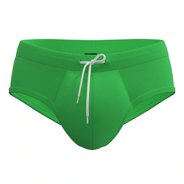 Green anatomical men’s swim briefs by Man’s SET with drawstring waist, front view