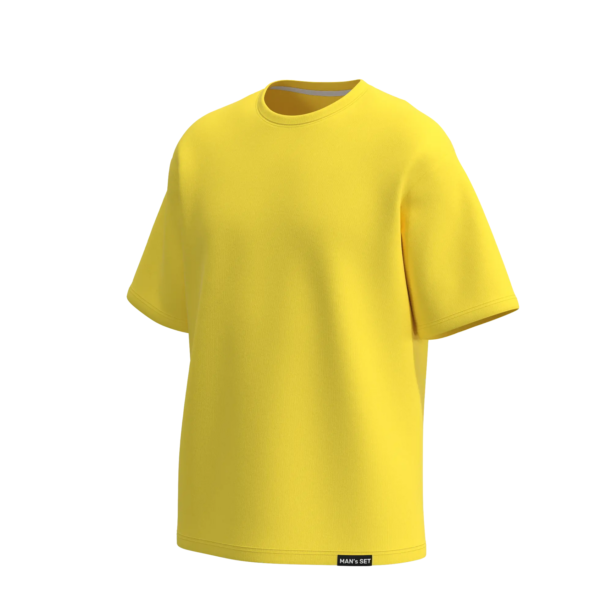 Man’s SET yellow oversized T-shirt, men’s soft cotton style with wide sleeves, angled front view