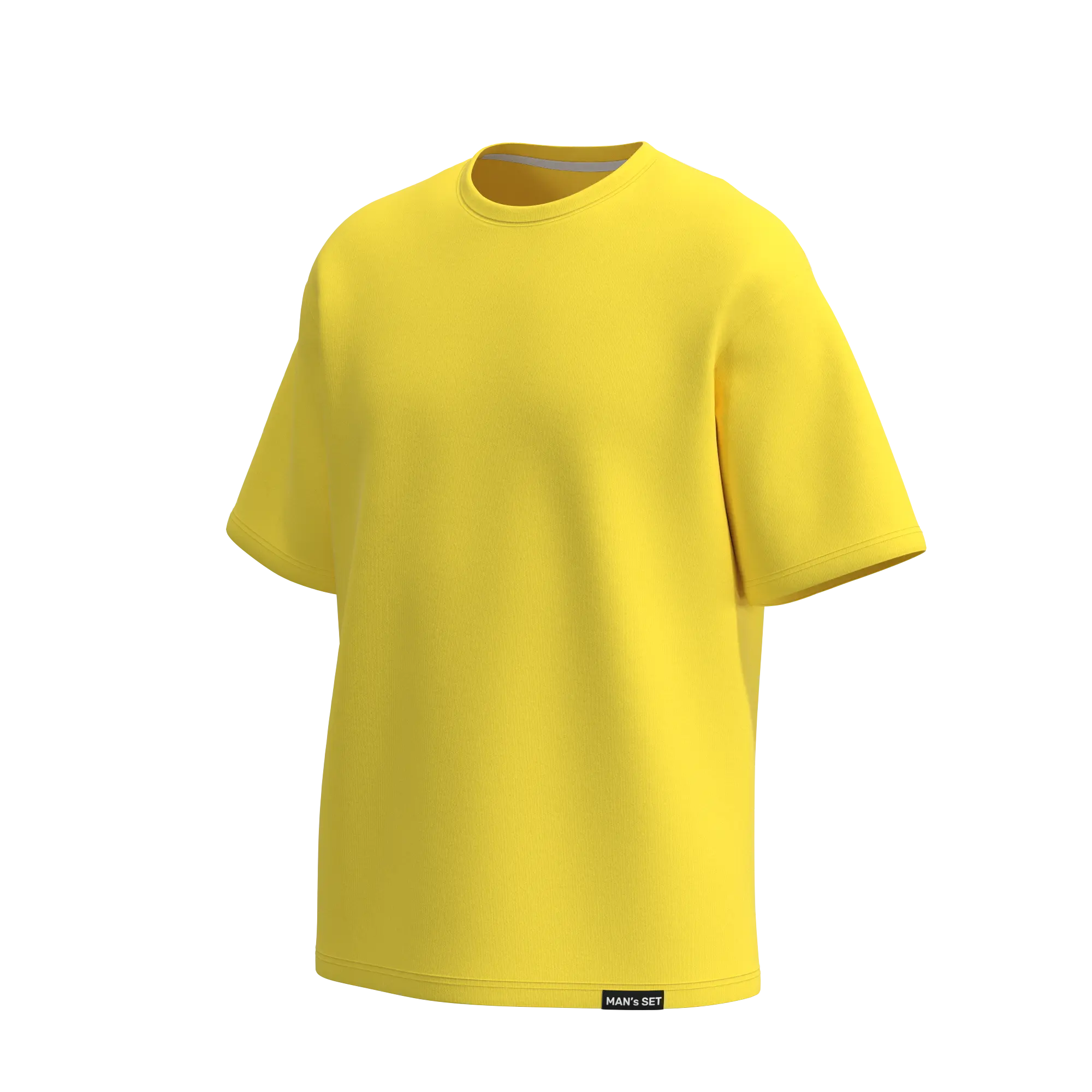 Man’s SET yellow oversized T-shirt, men’s soft cotton style with wide sleeves, angled front view