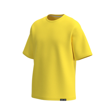 Man’s SET yellow oversized T-shirt, men’s soft cotton style with wide sleeves, angled front view
