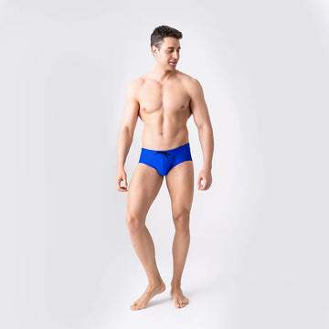 Man’s SET blue anatomical swim briefs with black drawstring, sleek men’s swimwear for comfort and support, front view