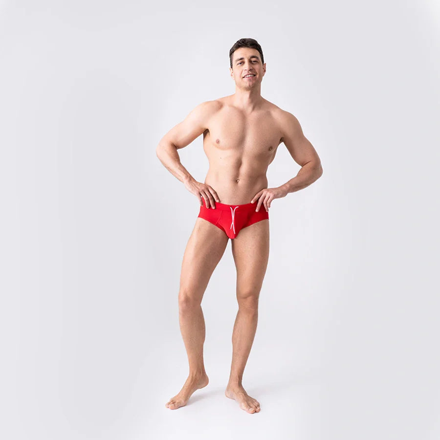 Man’s SET red men’s swim briefs with anatomical pouch and drawstring, quick-drying biflex fabric, front view
