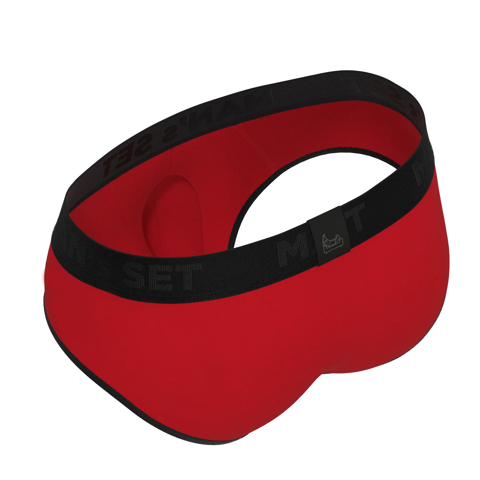 Comfortable men’s underwear by Man’s SET, red CoolCore micromodal briefs with black waistband, back view