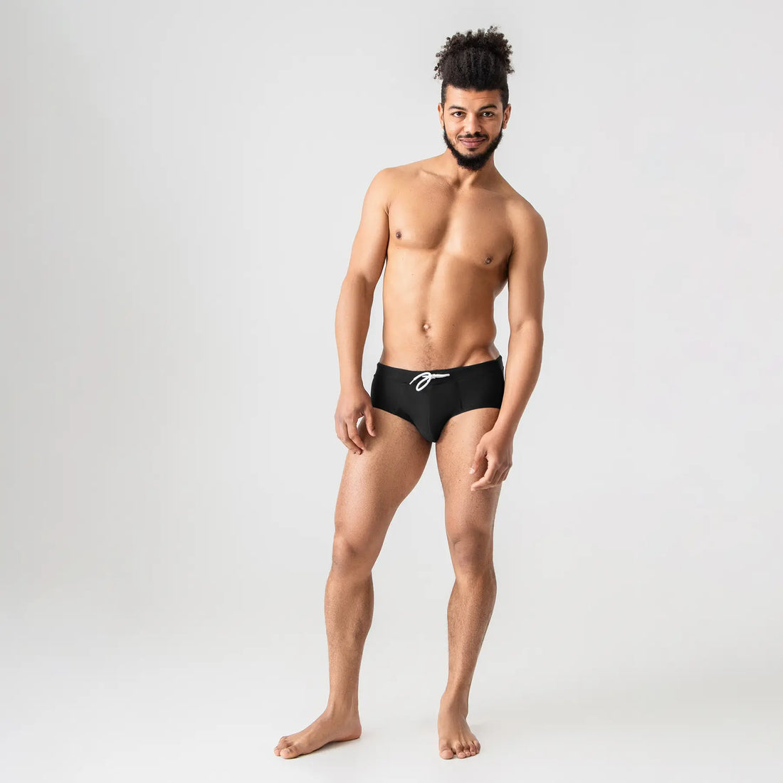 Man’s SET black anatomical men’s swim briefs with white drawstring, front view