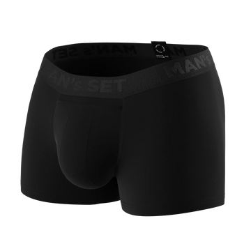 Man’s SET black anatomical men’s boxers with fly, classic plus-size design, angled product view