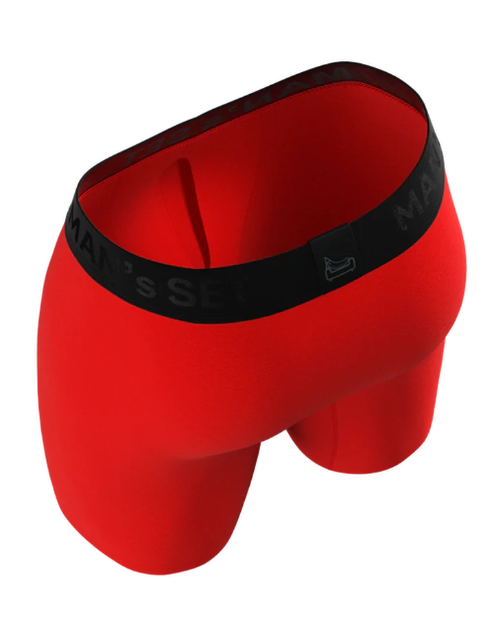 Man’s SET red UltraSoft boxer briefs, anatomical men’s underwear with open fly, back view