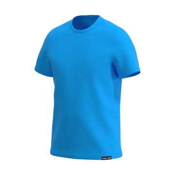 Aqua blue super-soft crew neck T-shirt by Man’s SET, breathable cotton fabric, men’s casual wear essential, side view