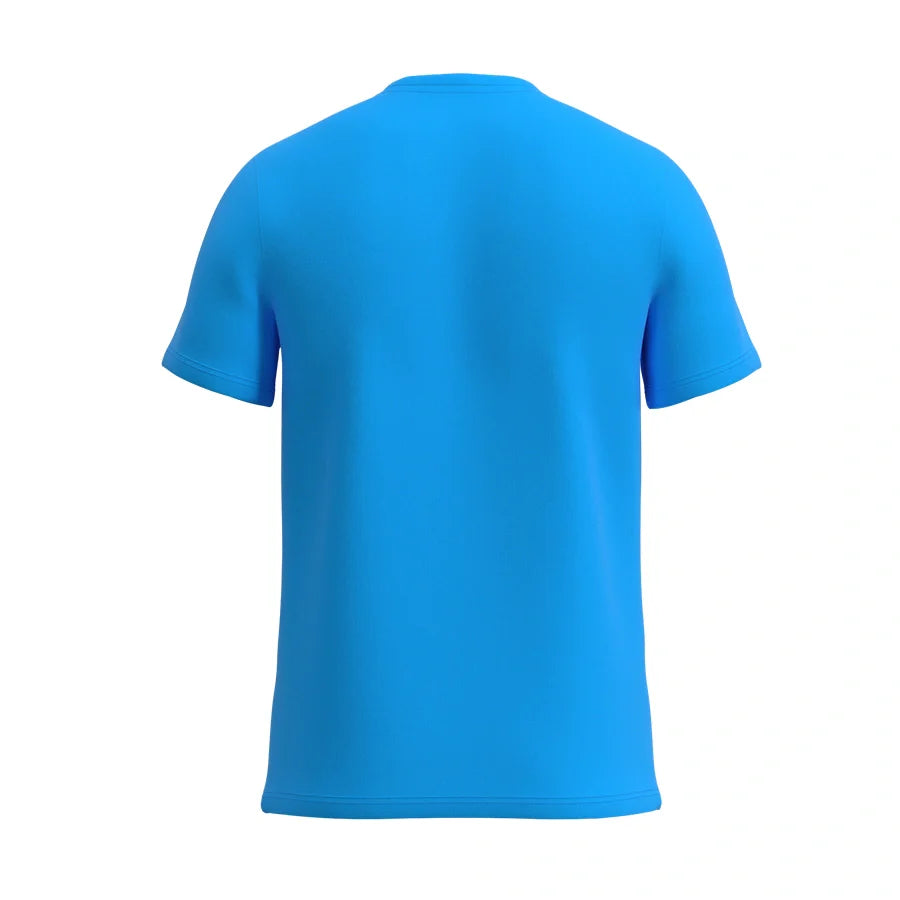 Super-soft crew neck T-shirt by Man’s SET in aqua blue, breathable cotton fabric, back view