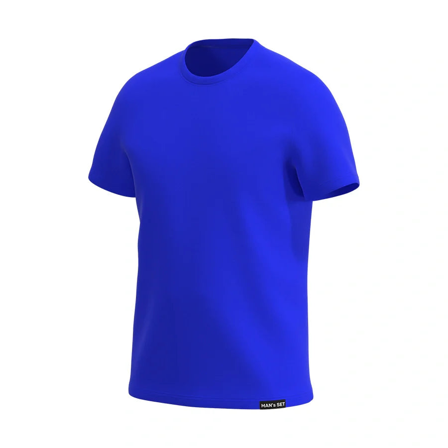 Man’s SET electric blue men’s crew neck T-shirt, breathable cotton and relaxed fit, angled front view