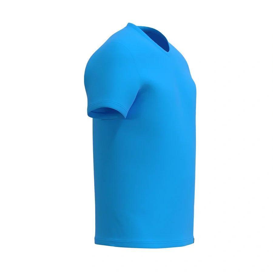 Man’s SET aqua V-neck tee in breathable cotton, soft and lightweight men’s summer wear, side view