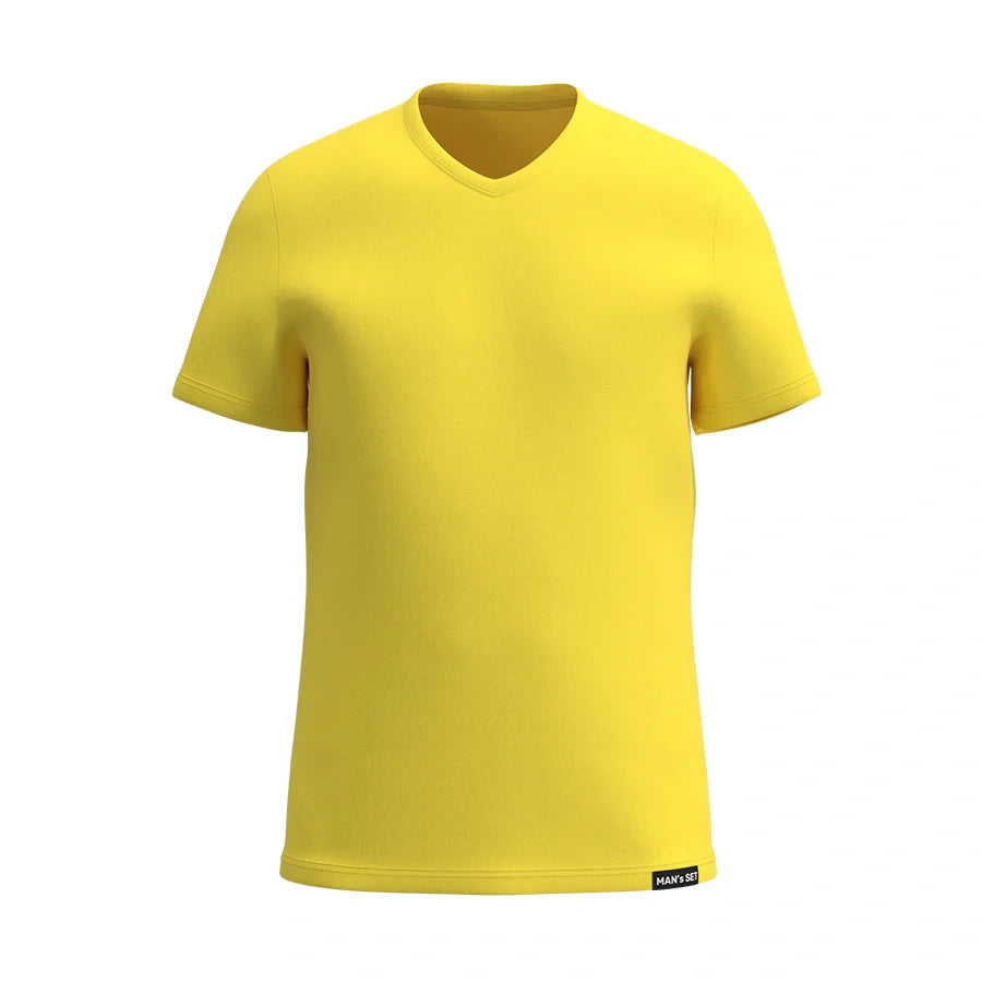 Man’s SET men’s V-neck in yellow, soft cotton feel, breathable lightweight fabric with relaxed cut for comfort, front view