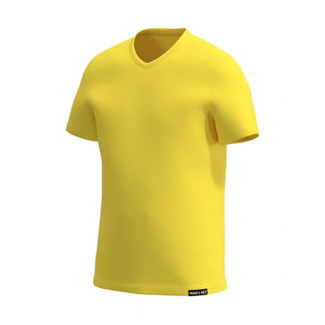 Man’s SET yellow V-neck, soft cotton men’s t-shirt with breathable fabric, relaxed fit and stretch comfort, side-front view