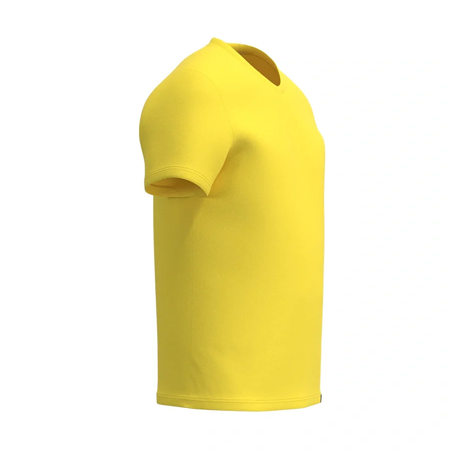 Man’s SET yellow V-neck T-shirt for men, breathable lightweight cotton, relaxed athletic fit design, side view