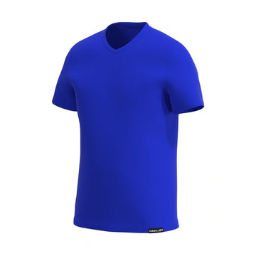 Man’s SET electric blue V-neck tee for men, breathable lightweight cotton blend, athletic modern cut, side-front view