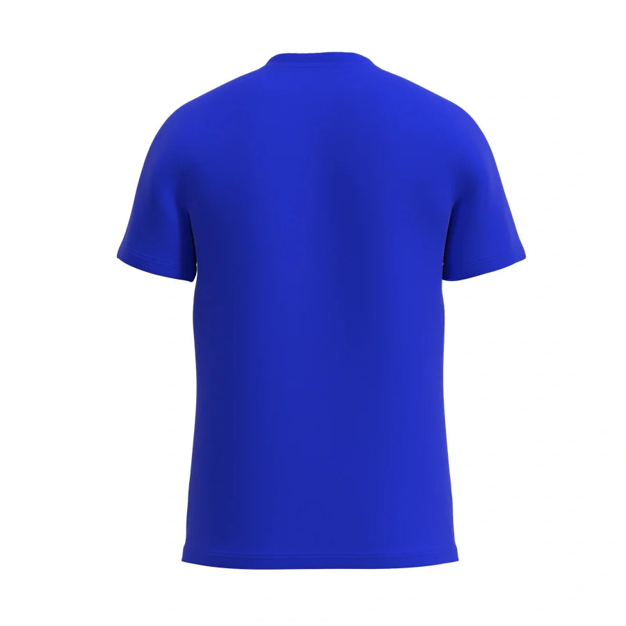 Man’s SET electric blue V-neck men’s shirt in soft breathable cotton blend, moisture-wicking lightweight fabric, back view