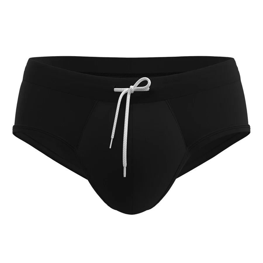 Man’s SET black anatomical men’s swim briefs with white drawstring, front view