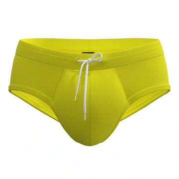 Man’s SET yellow anatomical men’s swim briefs with drawstring, front view