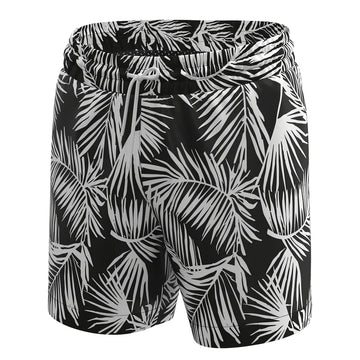 Man’s SET Anatomic Shorts 2.0 in black leaf print, men’s swim shorts with tropical design, front view