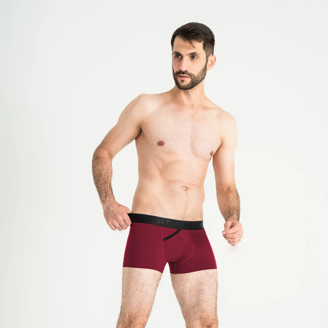 Man’s SET burgundy FlexFit Trunk 3.2" anatomical men’s underwear with open fly, angled front view
