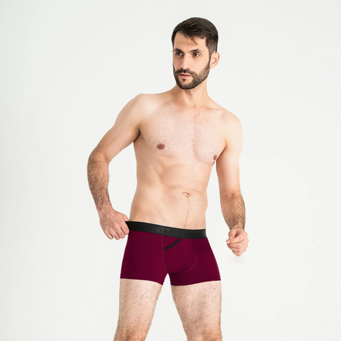 Comfortable men’s underwear by Man’s SET, plum FlexFit Trunk 3.2" OpenFly with anatomical pouch, front view