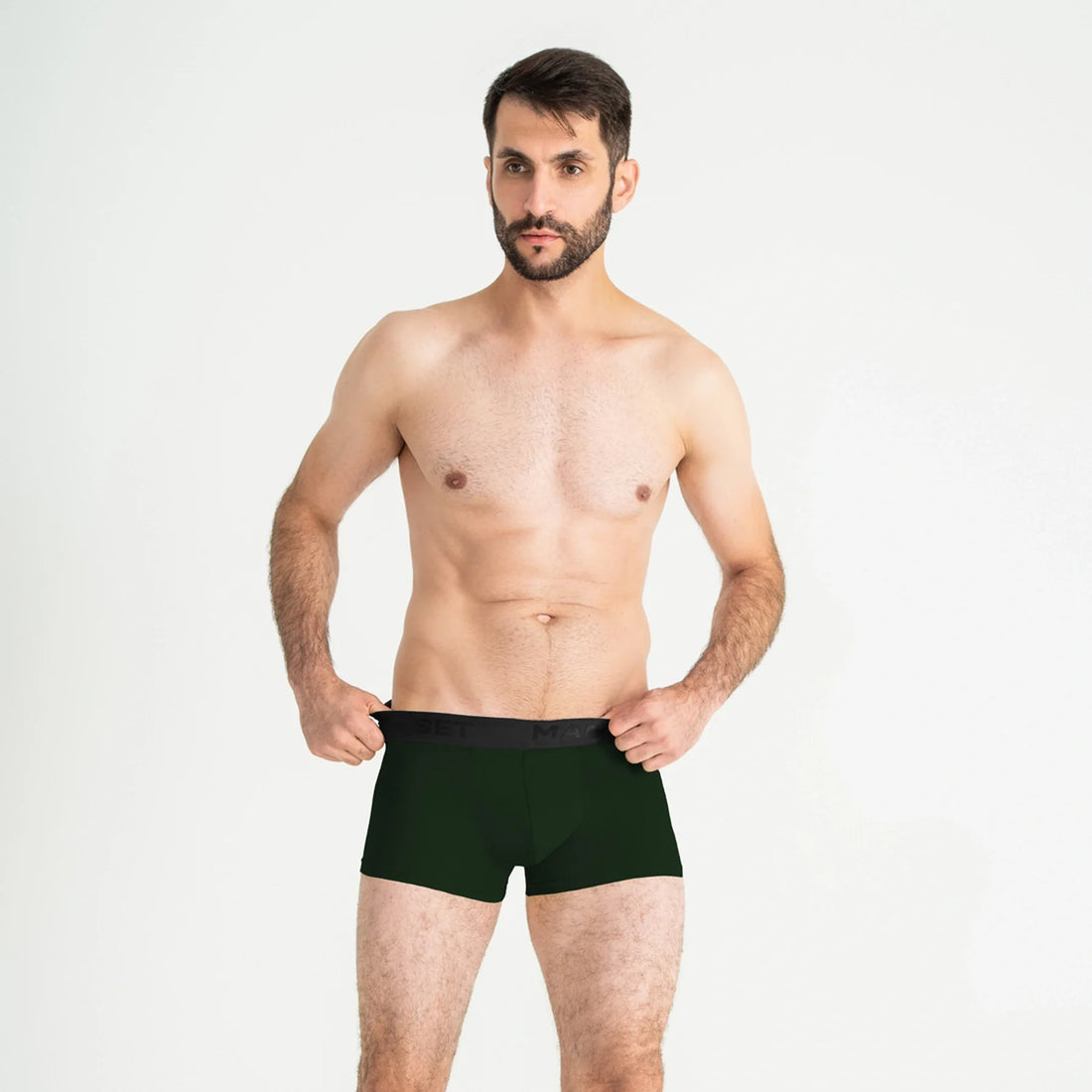 Forest Green PowerStretch Trunk 3.9'' by Man’s SET, breathable anatomical men’s underwear with black waistband, front view