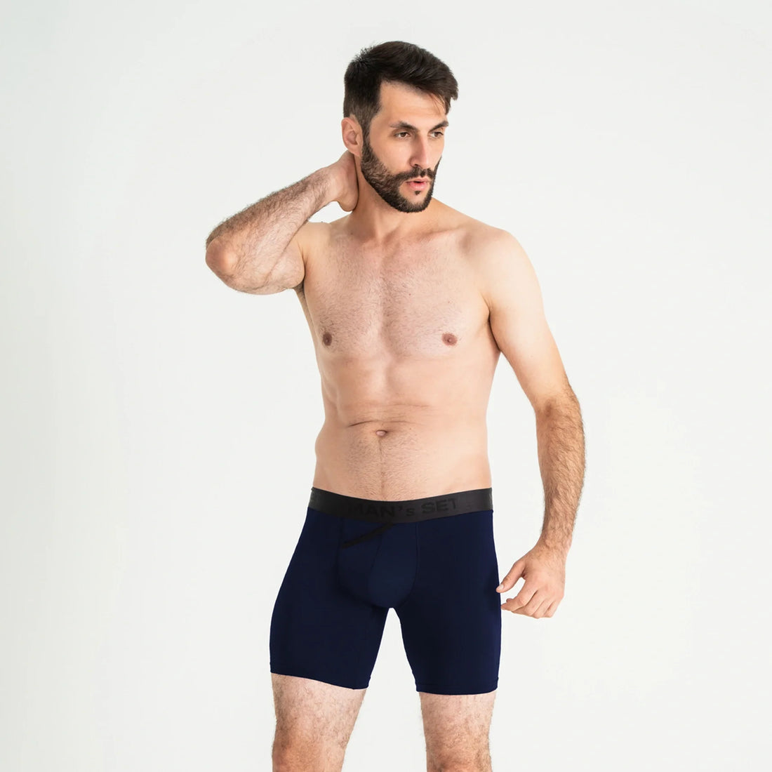 Man’s SET navy UltraSoft boxer briefs with open fly, comfortable men’s underwear, front angled view