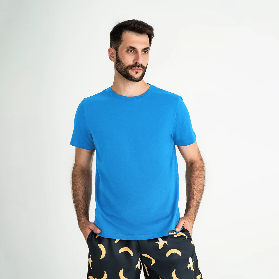 Aqua blue super-soft crew neck T-shirt by Man’s SET, breathable cotton fabric, men’s casual wear essential, side view