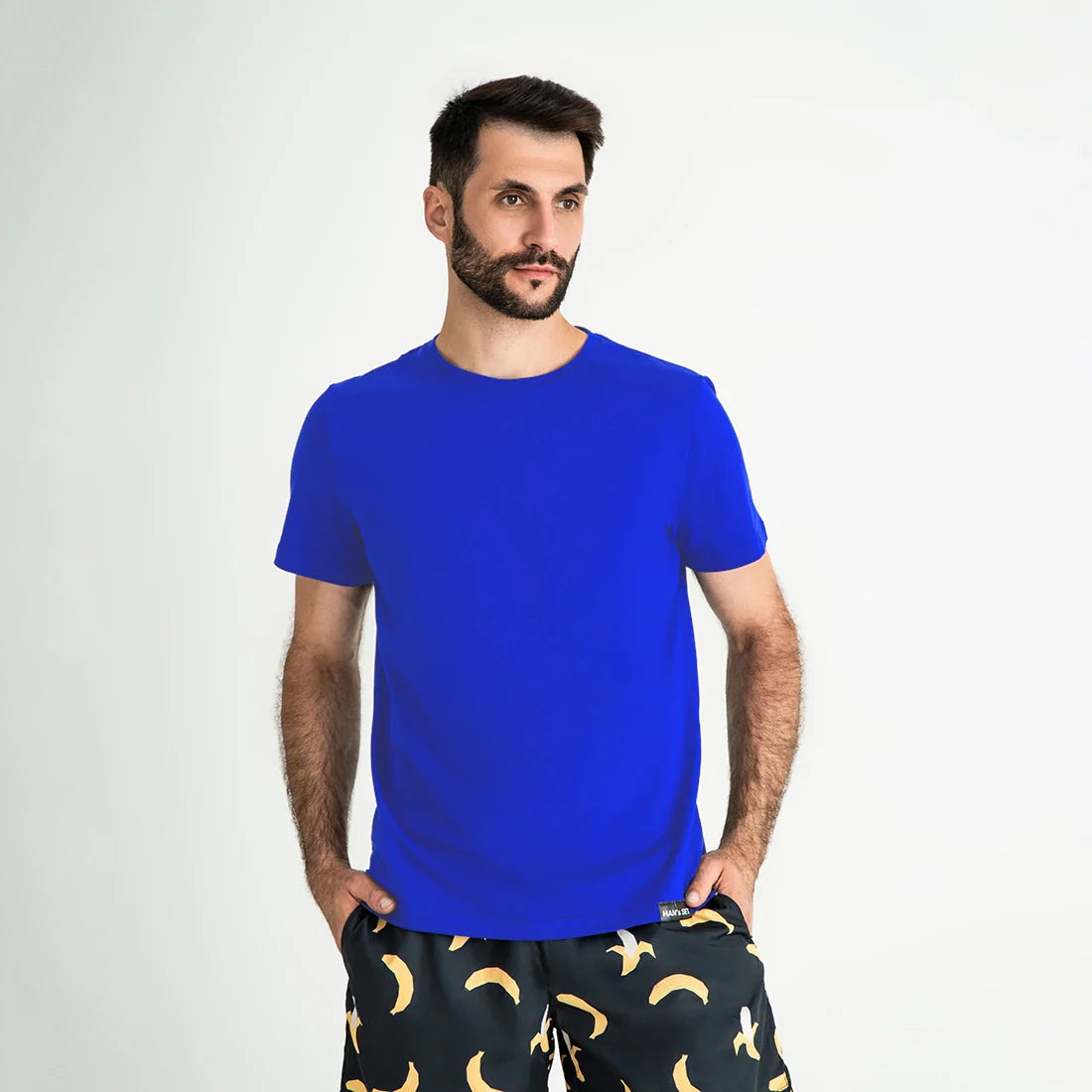 Electric blue crew neck T-Shirt by Man’s SET, ultra-soft cotton fabric for casual wear, front view