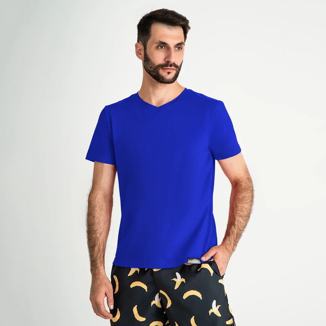 Electric blue V-neck T-shirt by Man’s SET, ultra-soft stretch cotton with a modern fit, front view