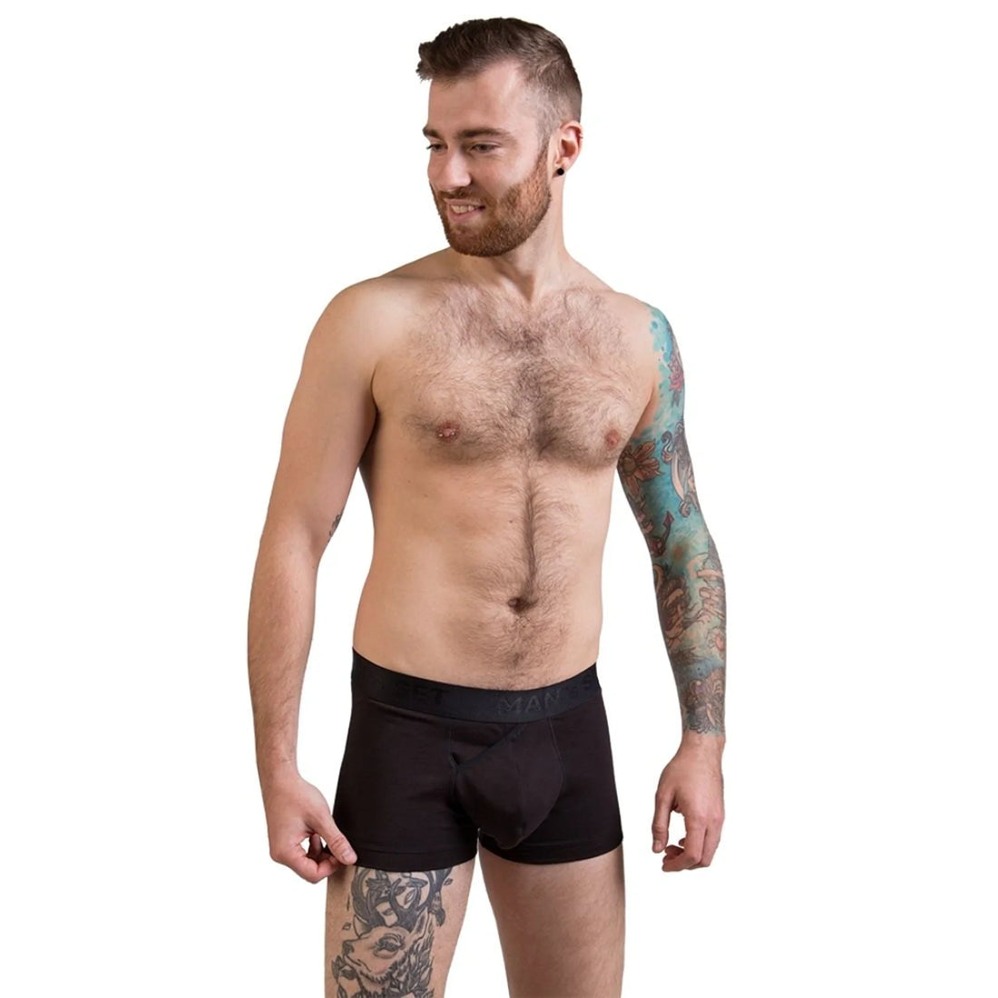 Man’s SET black FlexFit Trunk 3.2" OpenFly, anatomical men’s underwear with anatomical pouch, front view