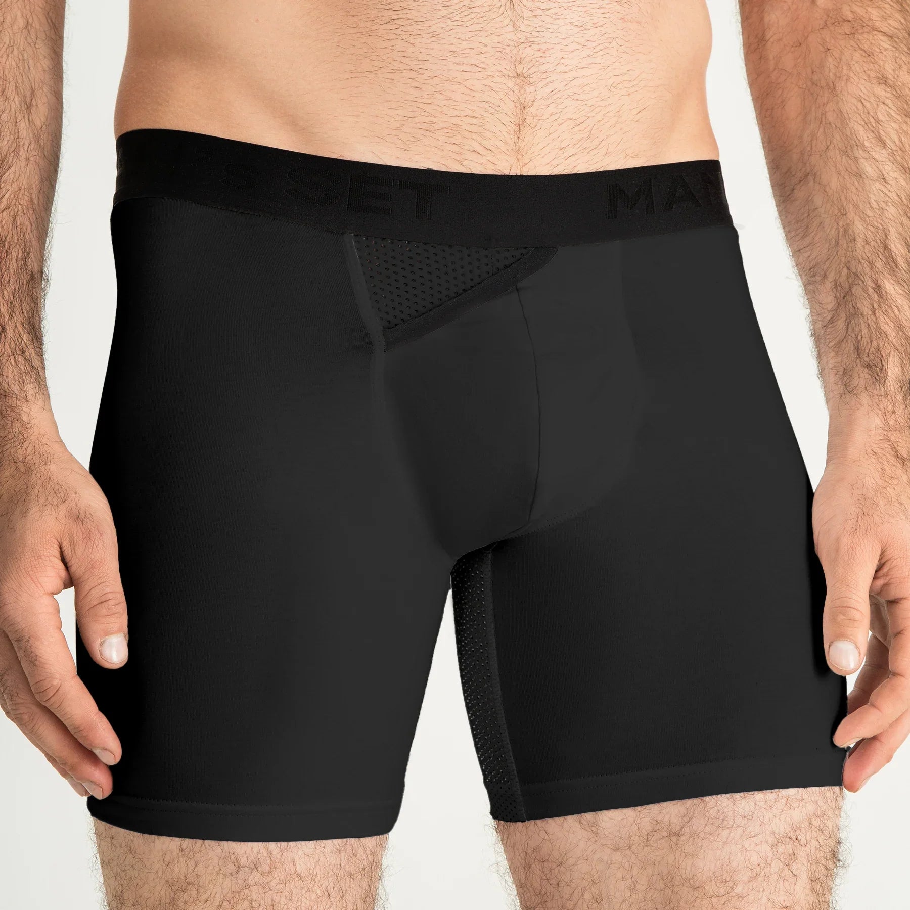 Man’s SET black AirFlow boxer briefs, breathable anatomical men’s underwear, close-up front view