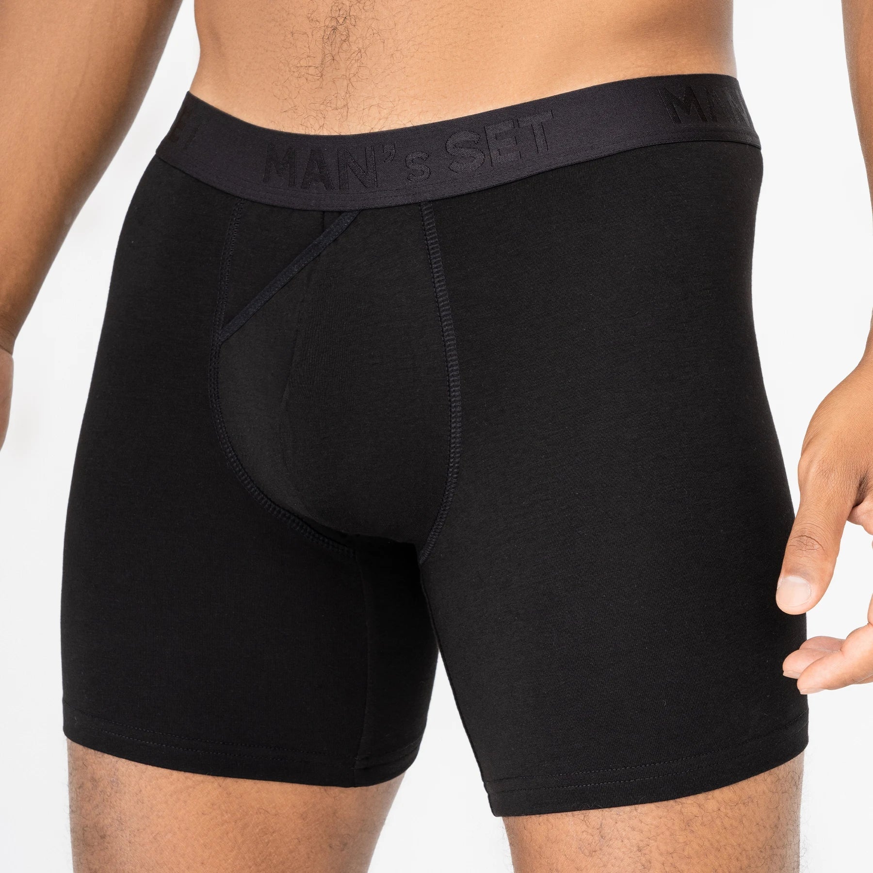 Man’s SET black micromodal boxer briefs, breathable CoolCore men’s underwear with open fly, close-up front view