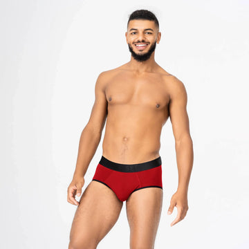 Man’s SET CoolCore micromodal men’s briefs in red with black trim, breathable ergonomic underwear, front view