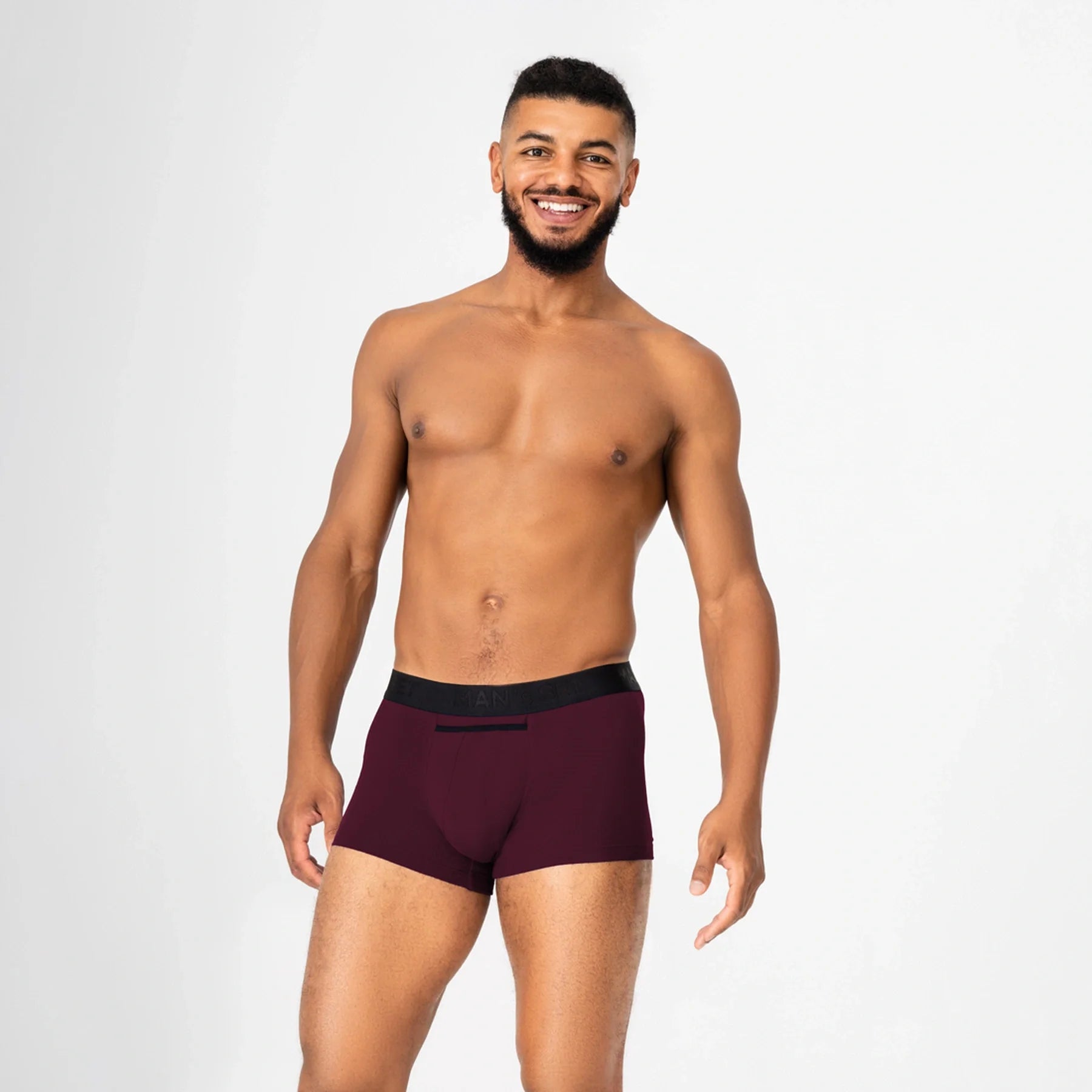 UltraSoft anatomical men’s trunks by Man’s SET, plum cotton blend, breathable fit with horizontal fly support, front view