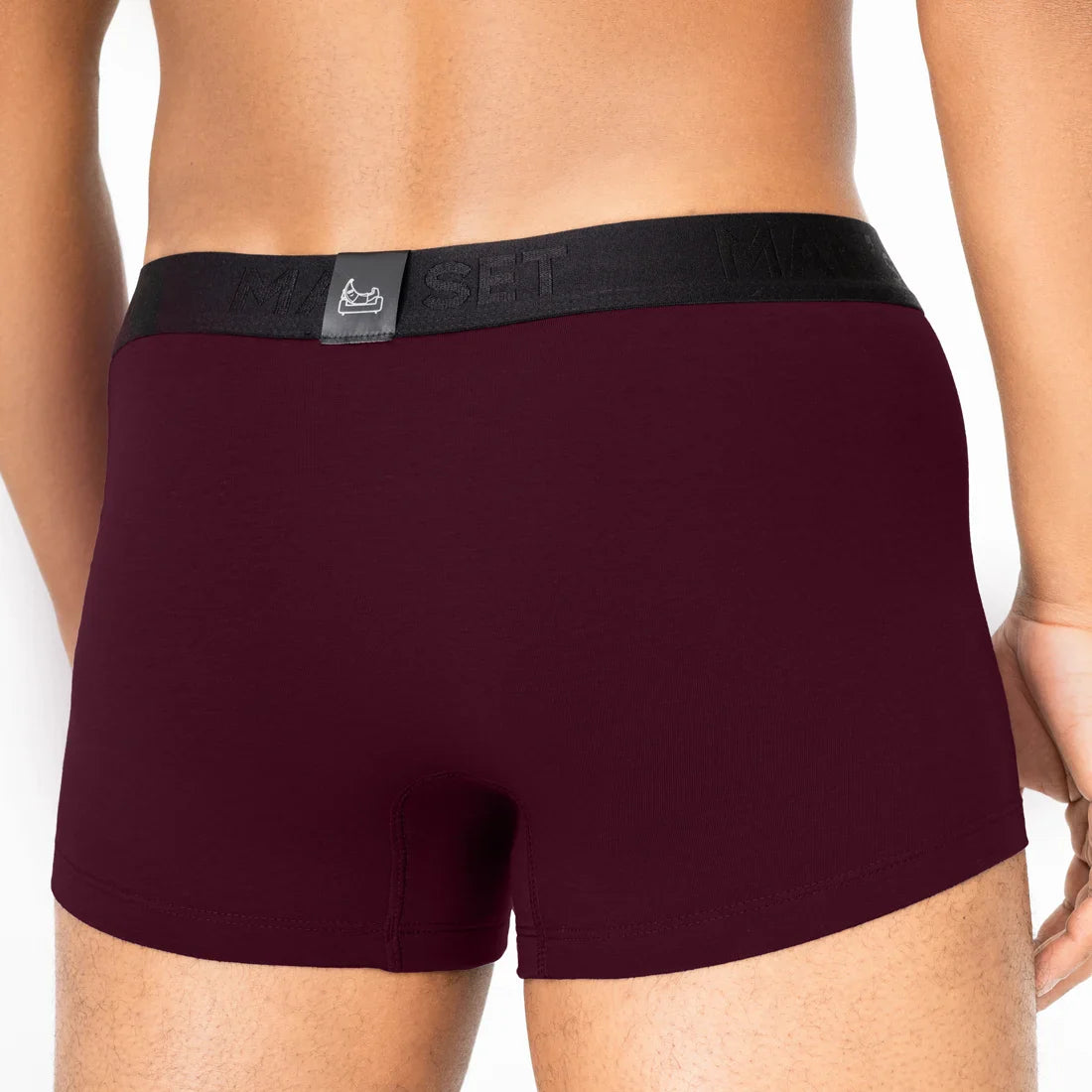 UltraSoft anatomical men’s trunks by Man’s SET in plum color, breathable cotton blend underwear, close-up back view