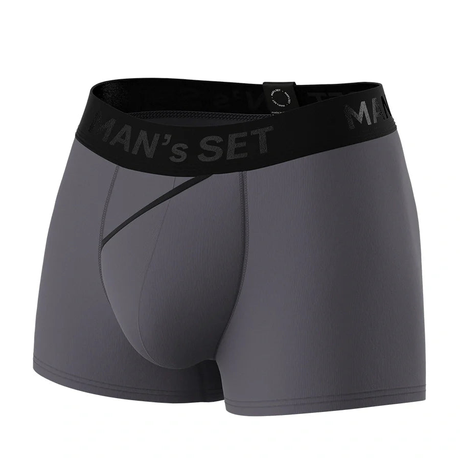 Man’s SET graphite FlexFit trunk, breathable anatomical men’s underwear with 3.2 inch inseam, front angle view