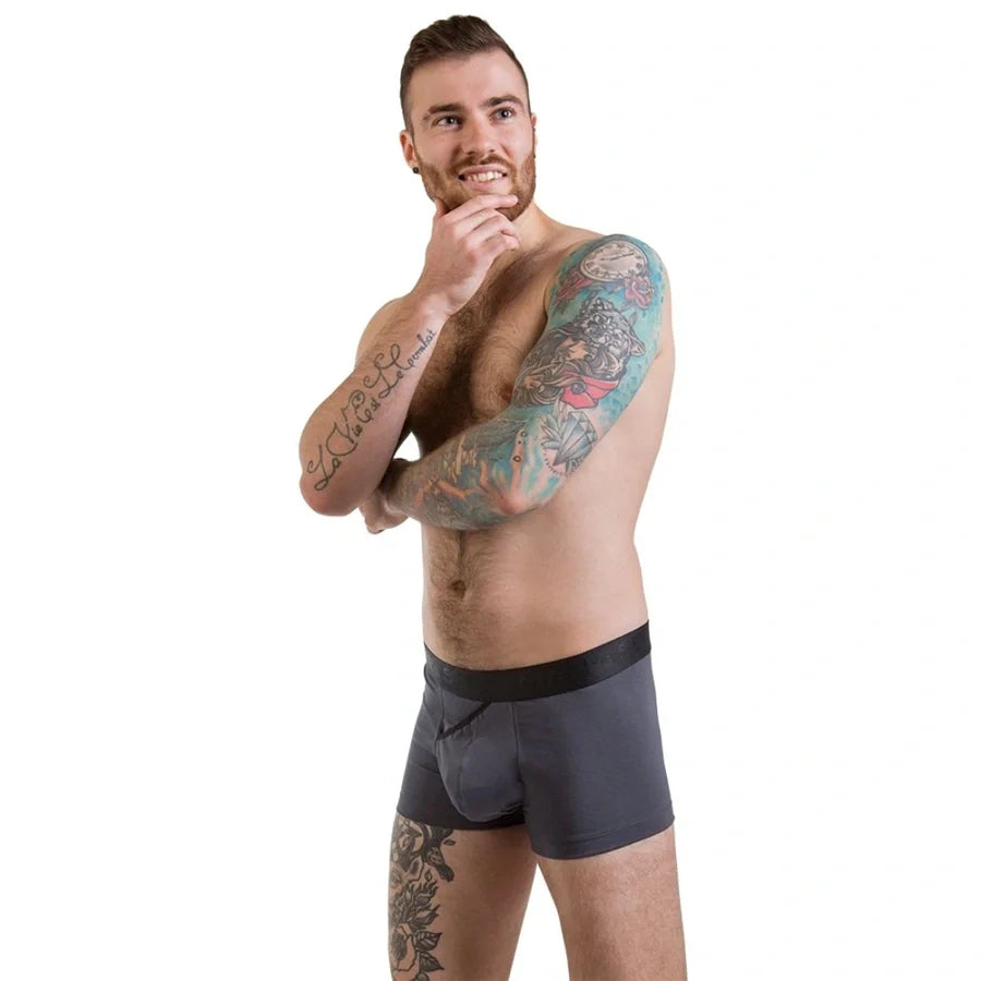 Comfortable men’s underwear by Man’s SET, graphite FlexFit trunk with 3.2" OpenFly, side view