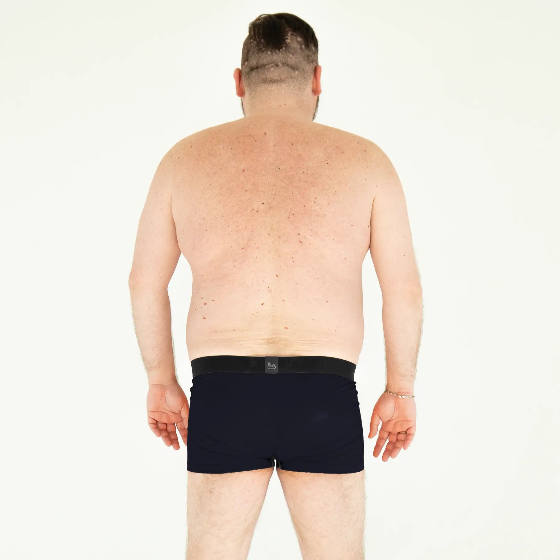 Breathable navy anatomical men’s boxer briefs with fly by Man’s SET, lightweight plus-size fit, back view