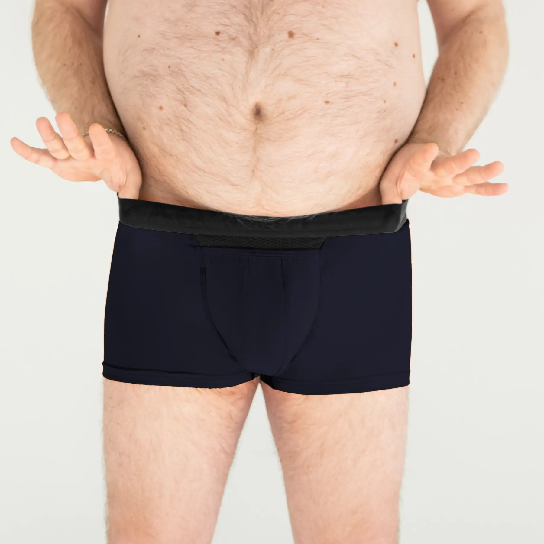 Navy anatomical men’s boxer briefs by Man’s SET, lightweight breathable plus-size fit with fly, front close-up view