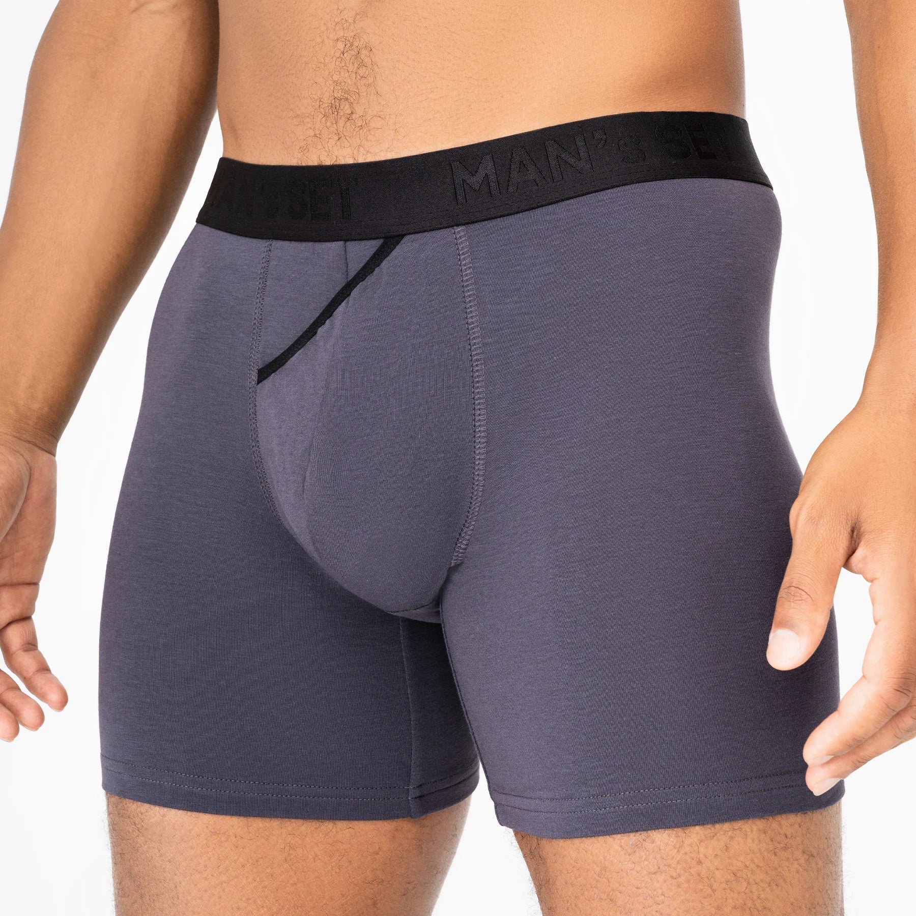 Graphite CoolCore Micromodal boxer briefs by Man’s SET, comfortable men’s underwear with open fly, close-up front view