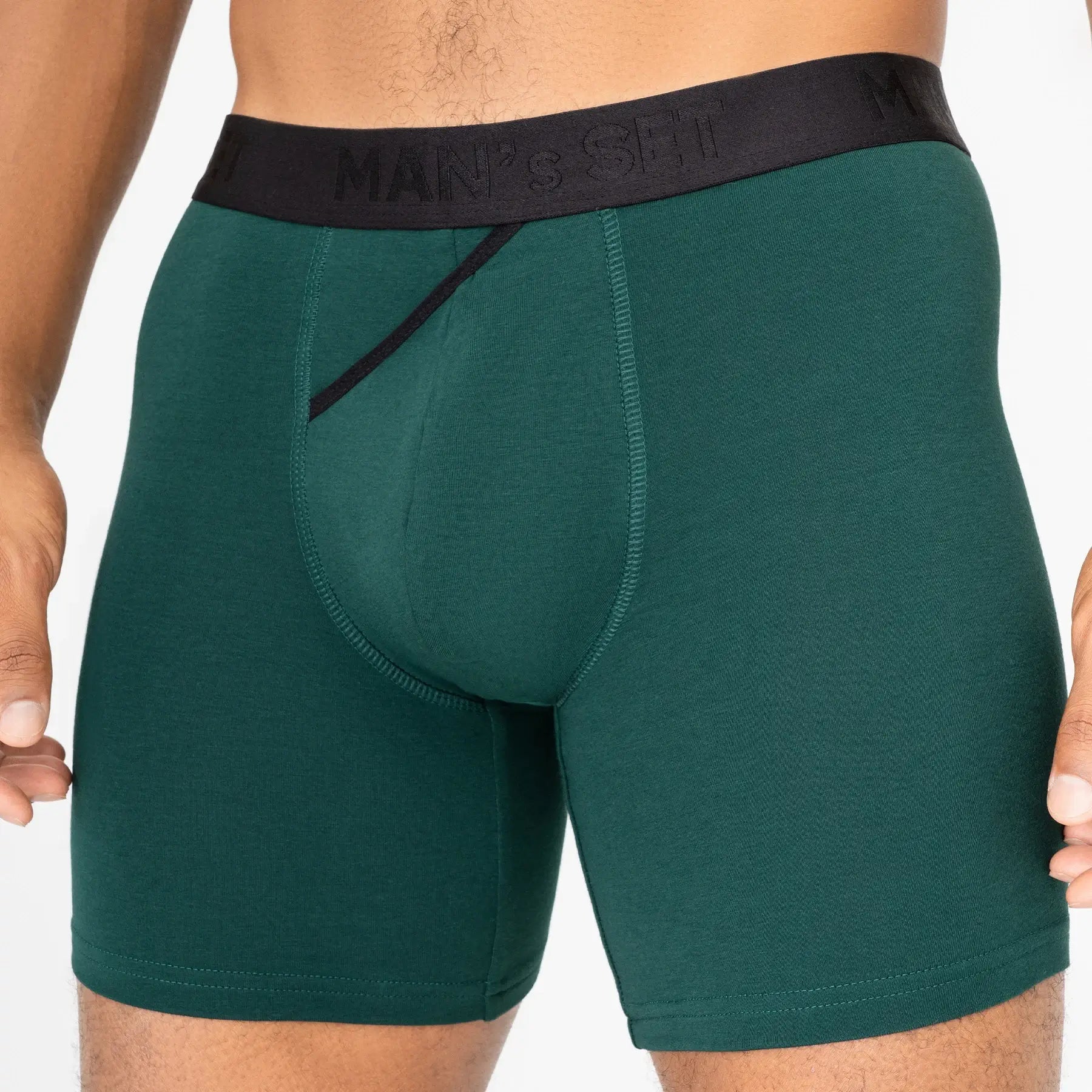 CoolCore micromodal men’s underwear by Man’s SET, forest green boxer briefs with open fly, close-up front view