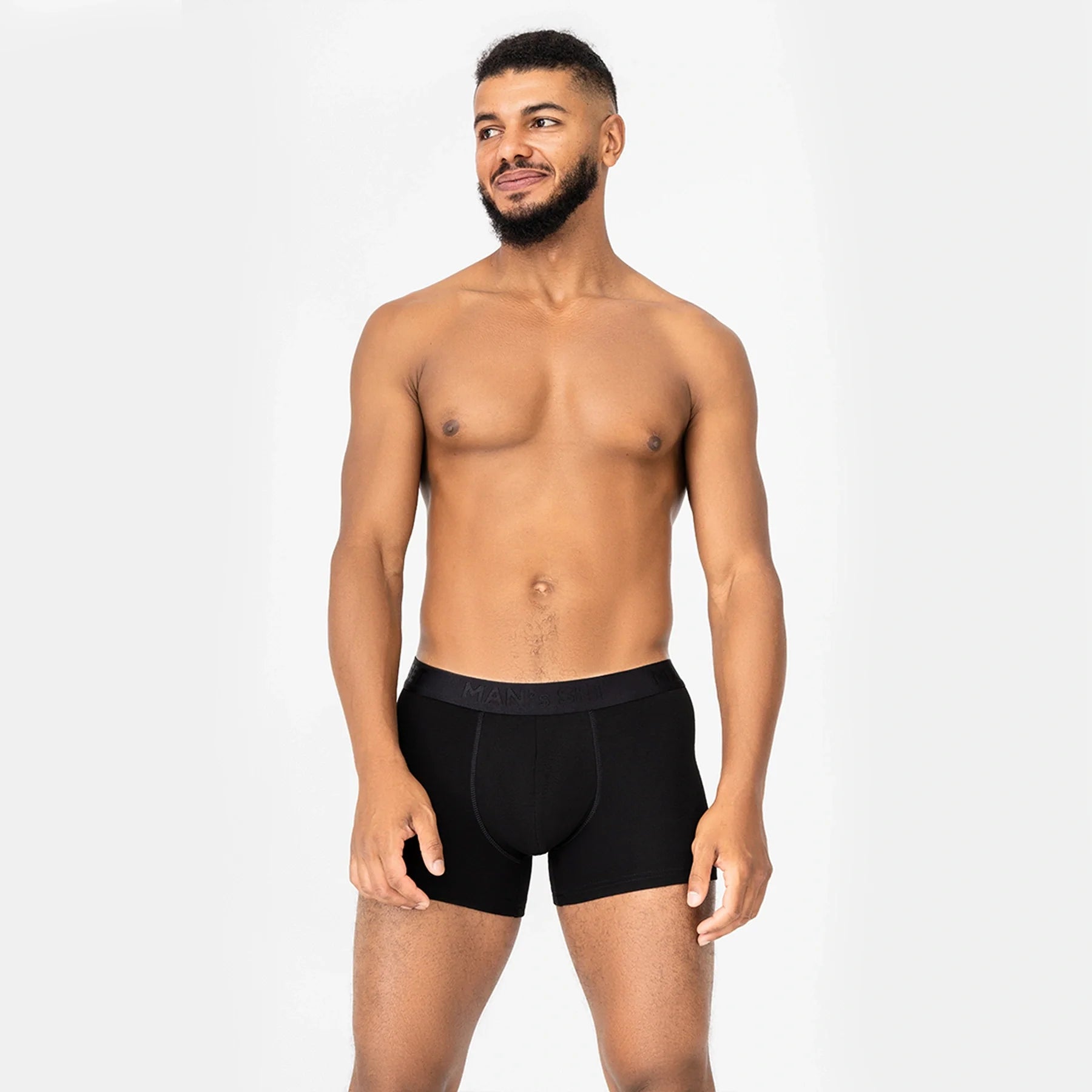 Comfortable men’s underwear by Man’s SET, black BreezeFlow Micromodal trunks with contour fit, front view on model
