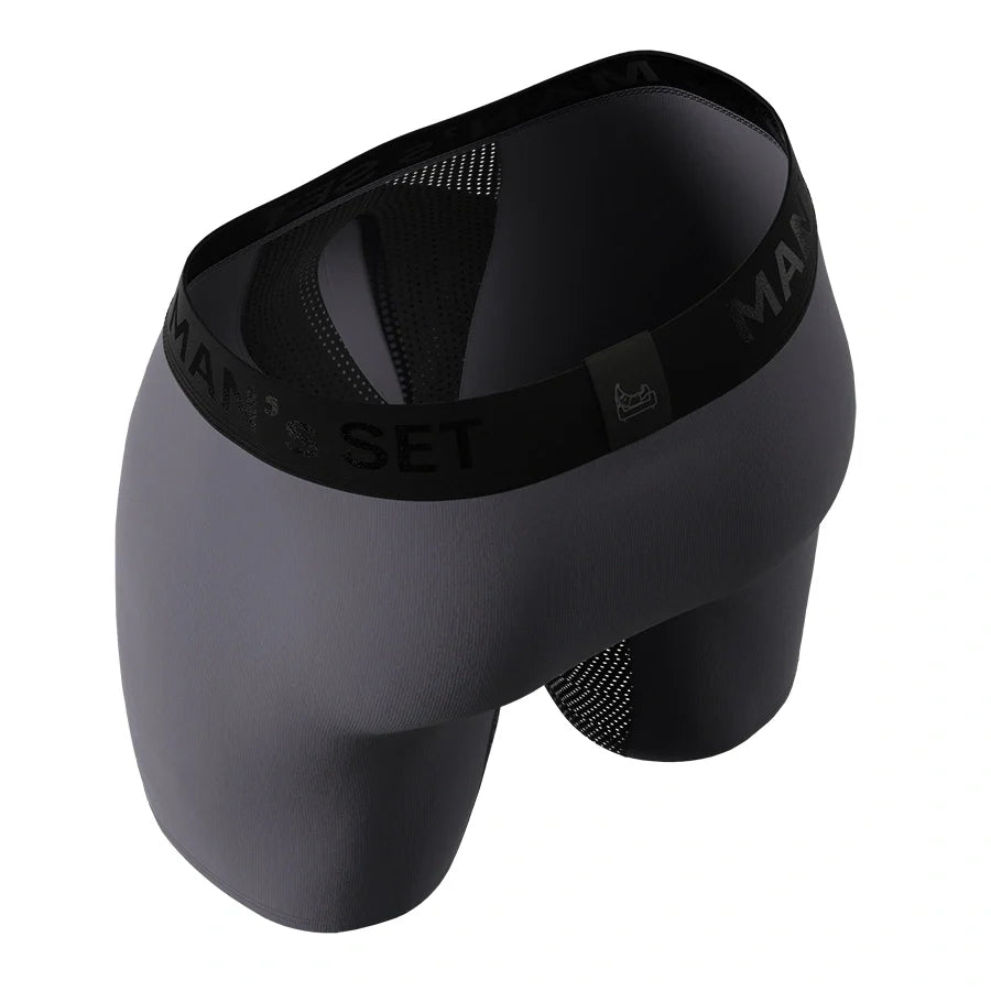 Man’s SET AirFlow boxer briefs in graphite with mesh panels, breathable men’s underwear, back angled view