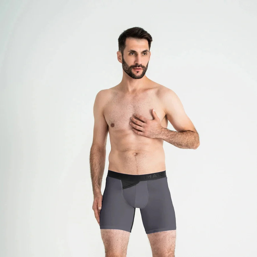 Graphite AirFlow boxer briefs by Man’s SET, breathable anatomical men’s underwear, full front view