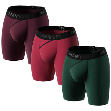 UltraSoft 7.6" boxer briefs 3-pack by Man’s SET, anatomical men’s underwear in burgundy, red, and green, front view