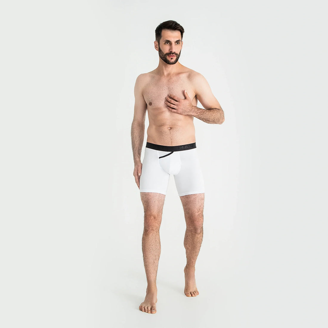Man’s SET AirFlow boxer briefs in white, breathable anatomical men’s underwear with open fly, angled front view