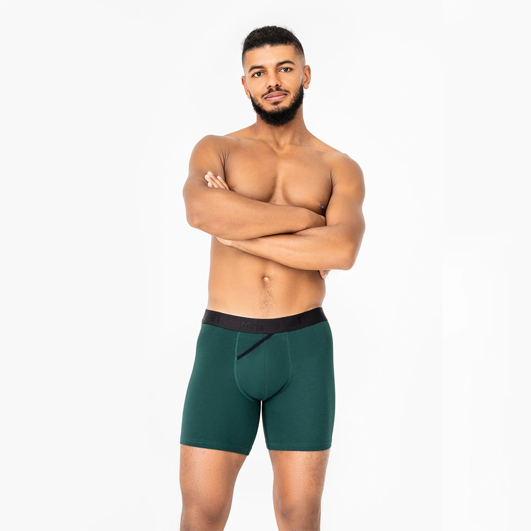 Man’s SET forest green boxer briefs, CoolCore micromodal men’s underwear with open fly, front view