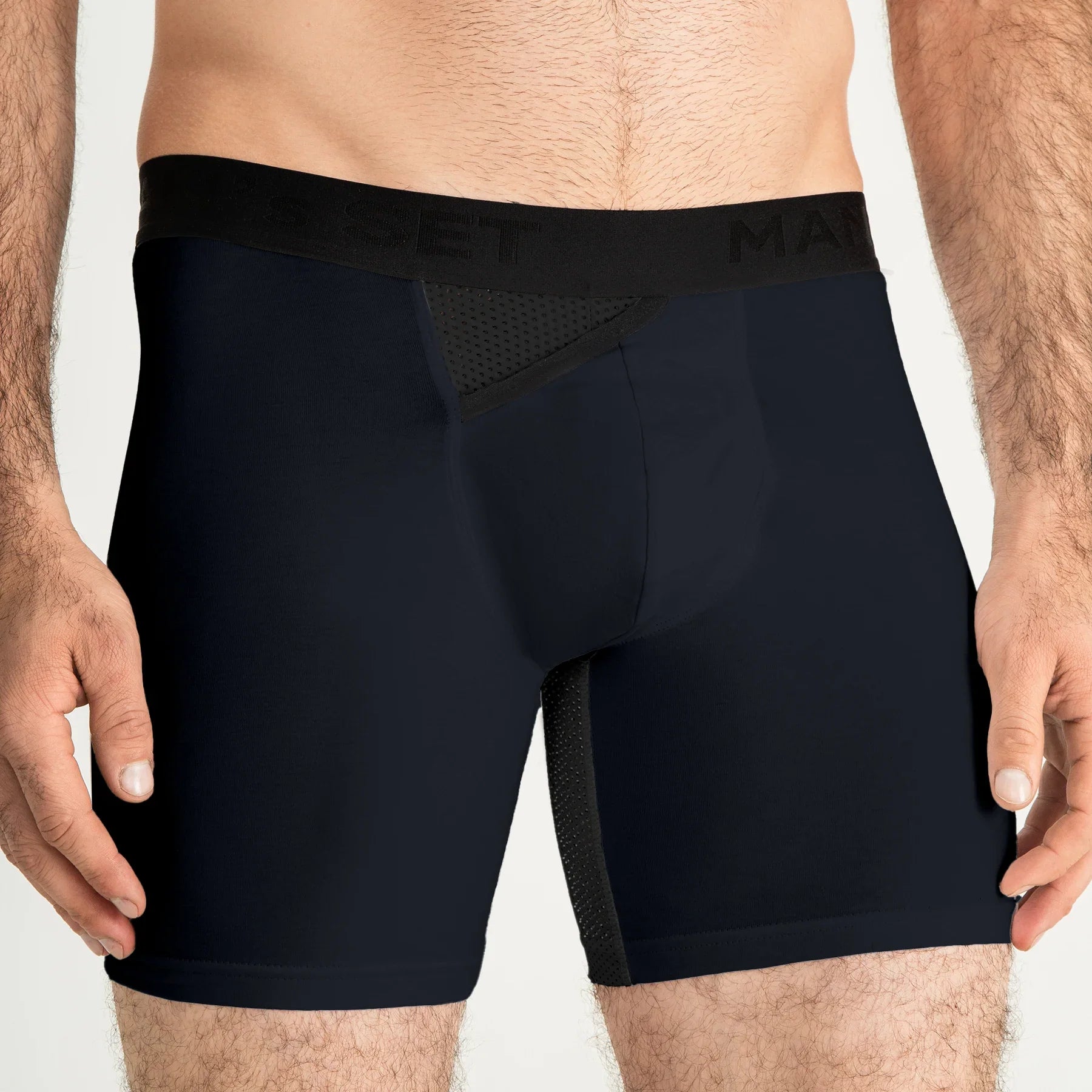 Man’s SET navy AirFlow boxer briefs with breathable mesh and anatomical pouch, close-up front view